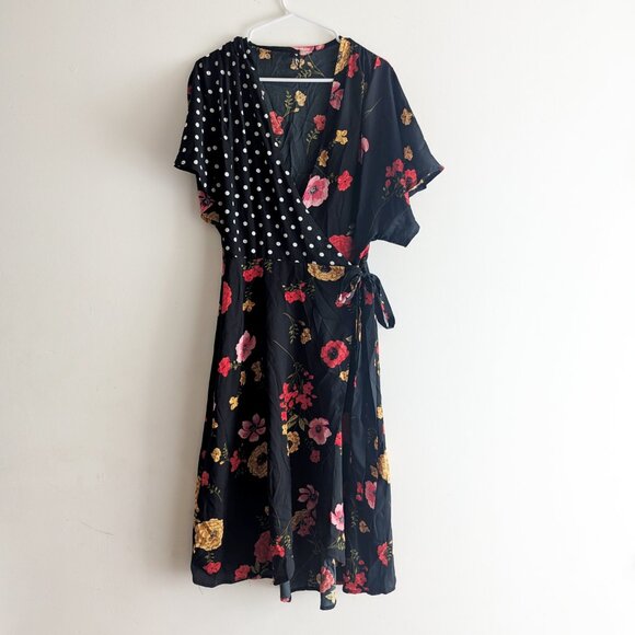Influence Kimono Sleeve Wrap Dress in Polkadot and Floral Print - Picture 2 of 3